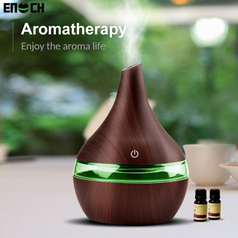 USB aromatherapy humidifier with wood grain design, essential oils, and adjustable mist for freshening any space