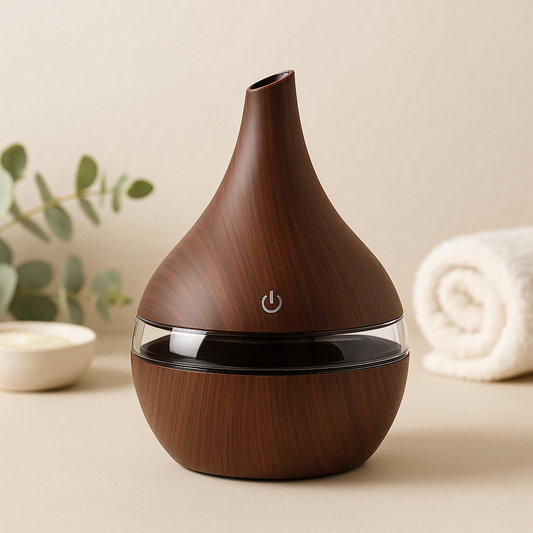 USB aromatherapy humidifier in wood grain design, perfect for freshening and moisturizing any space.