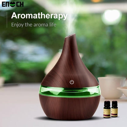 USB aromatherapy humidifier with wood grain design, essential oils, and adjustable mist for freshening any space